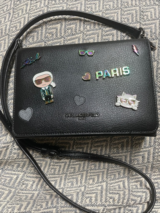 Karl Lagerfeld Handbags - Karl Lagerfeld Black Shoulder Bag with Iridescent Paris Pins
